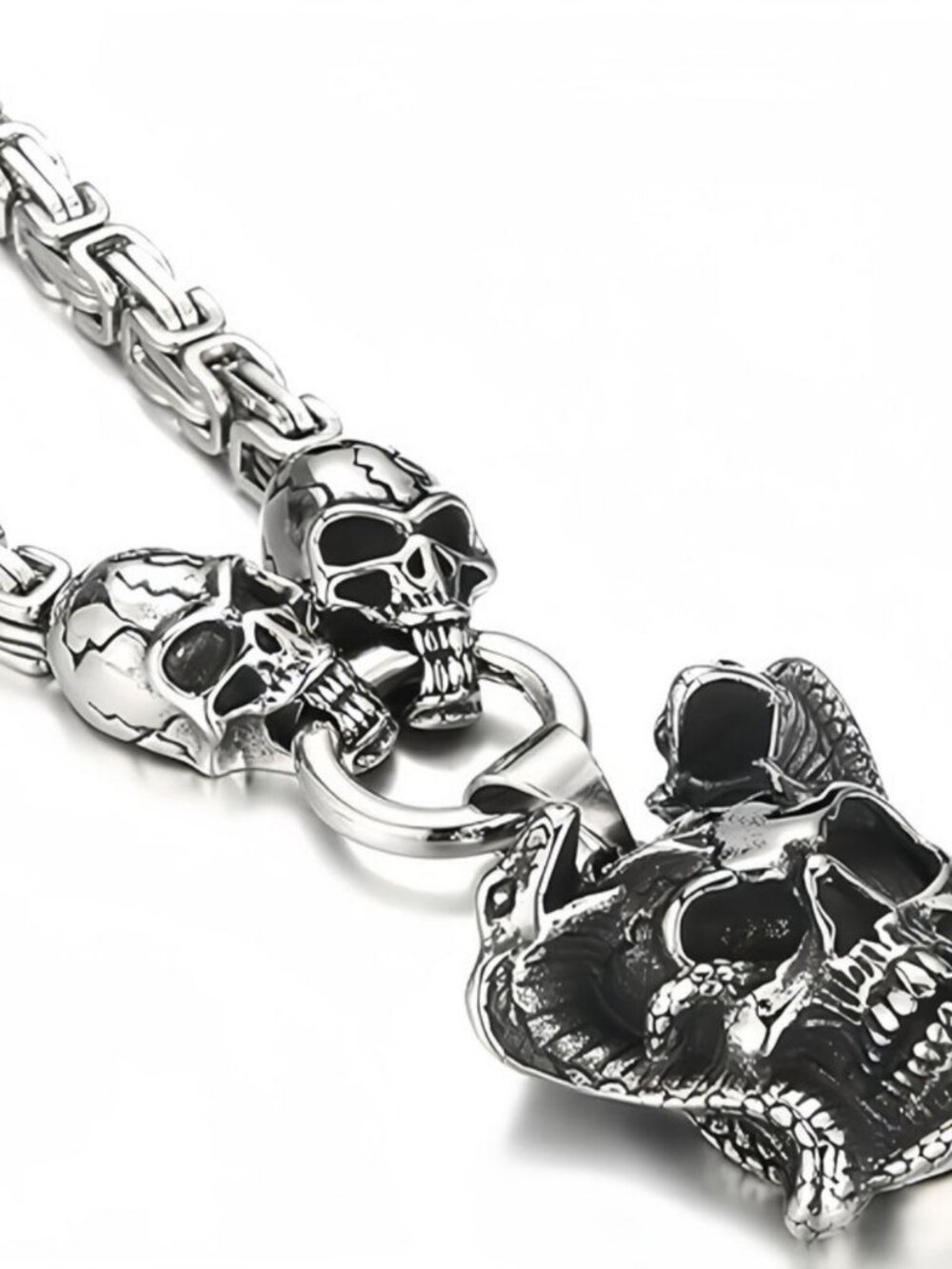 Mens stainless steel skull snake pendant necklace gothic